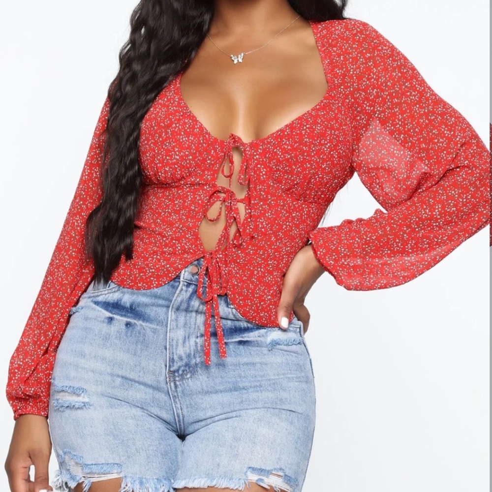 Fashion Nova Red Floral Tie-Front Crop Top